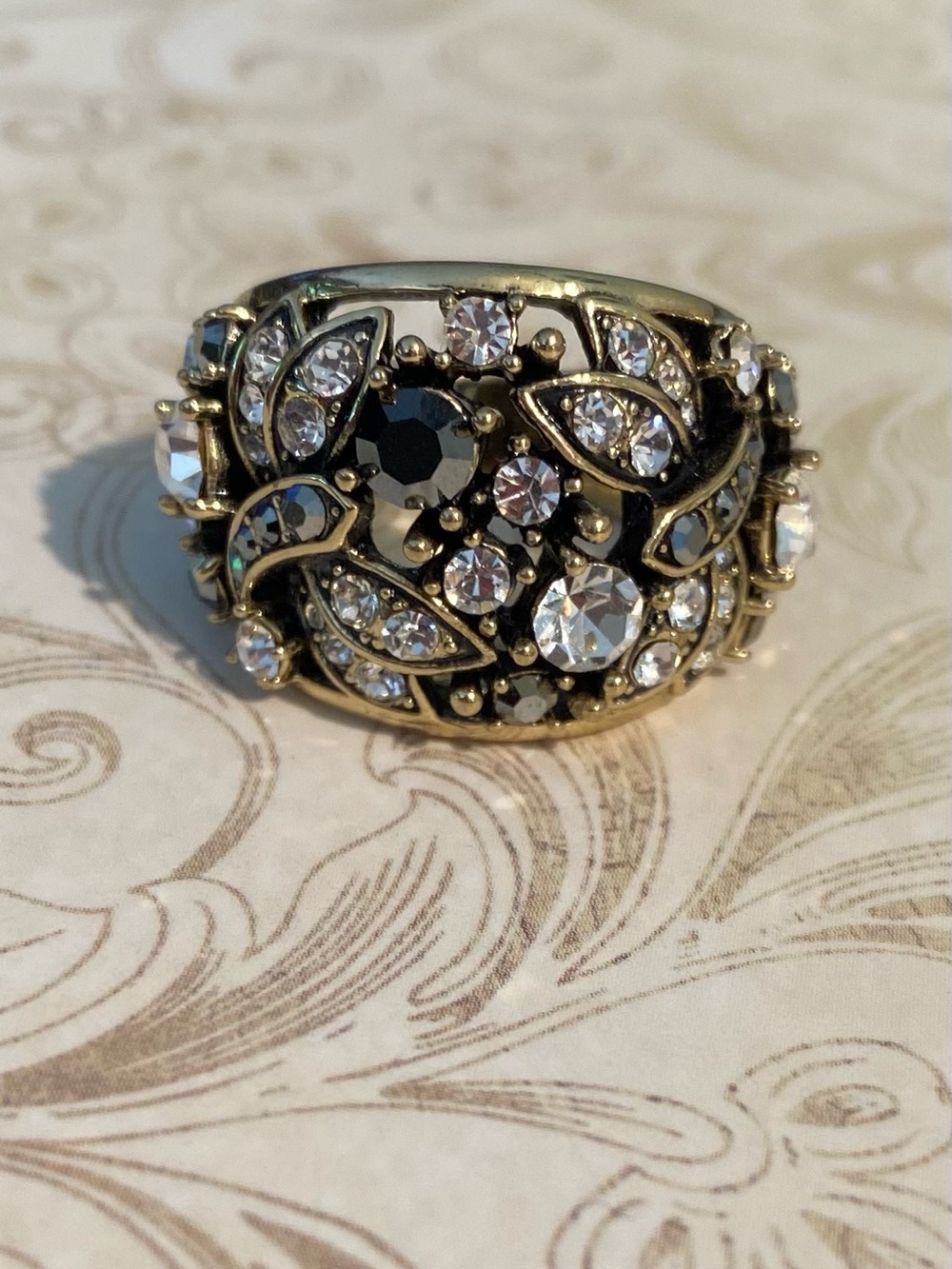Heidi Dais Gold-Tone Black and Clear Crystal Statement Ring - size 7